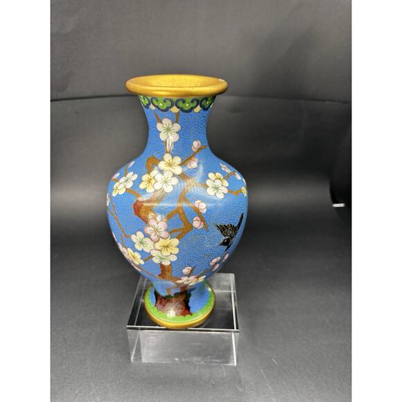 Vintage Chinese 8 1/4" BLUE CLOISONNE VASE Enamel Brass Cherry Blossom w/Bird - Picture 7 of 16